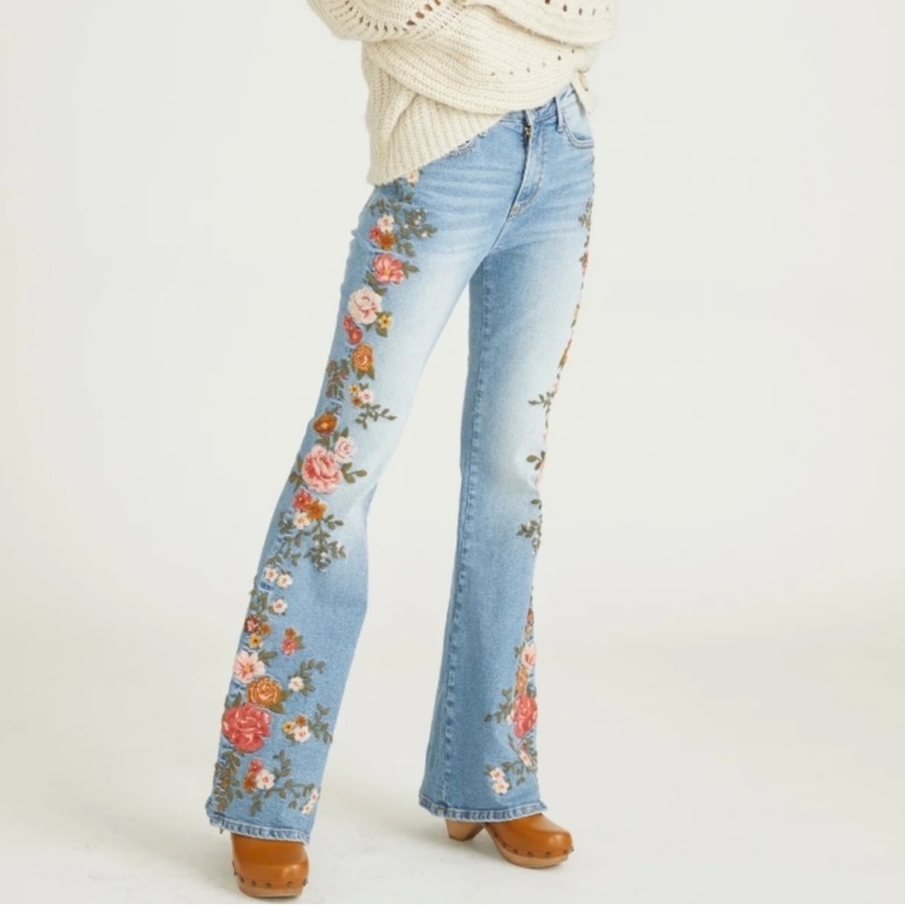 Driftwood Fiora Flare Jeans | Embroidered Floral Boho Western Farrah Style 8 NWT - Picture 9 of 9